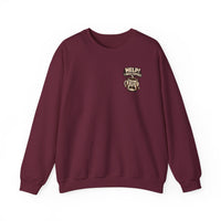 A maroon crewneck sweatshirt featuring a small graphic of a stressed coffee cup on the chest.