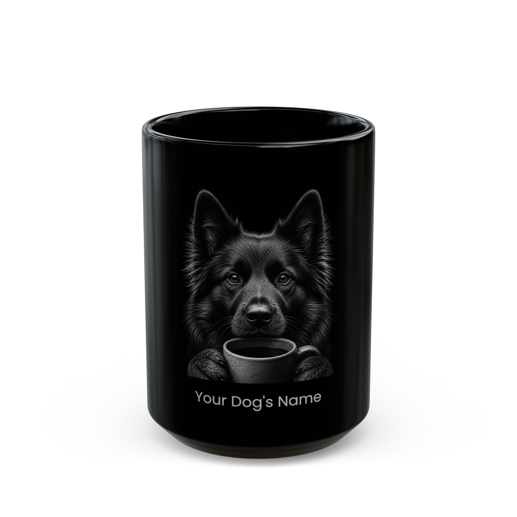 Personalized Belgian Sheepdog black ceramic coffee mug with custom dog name