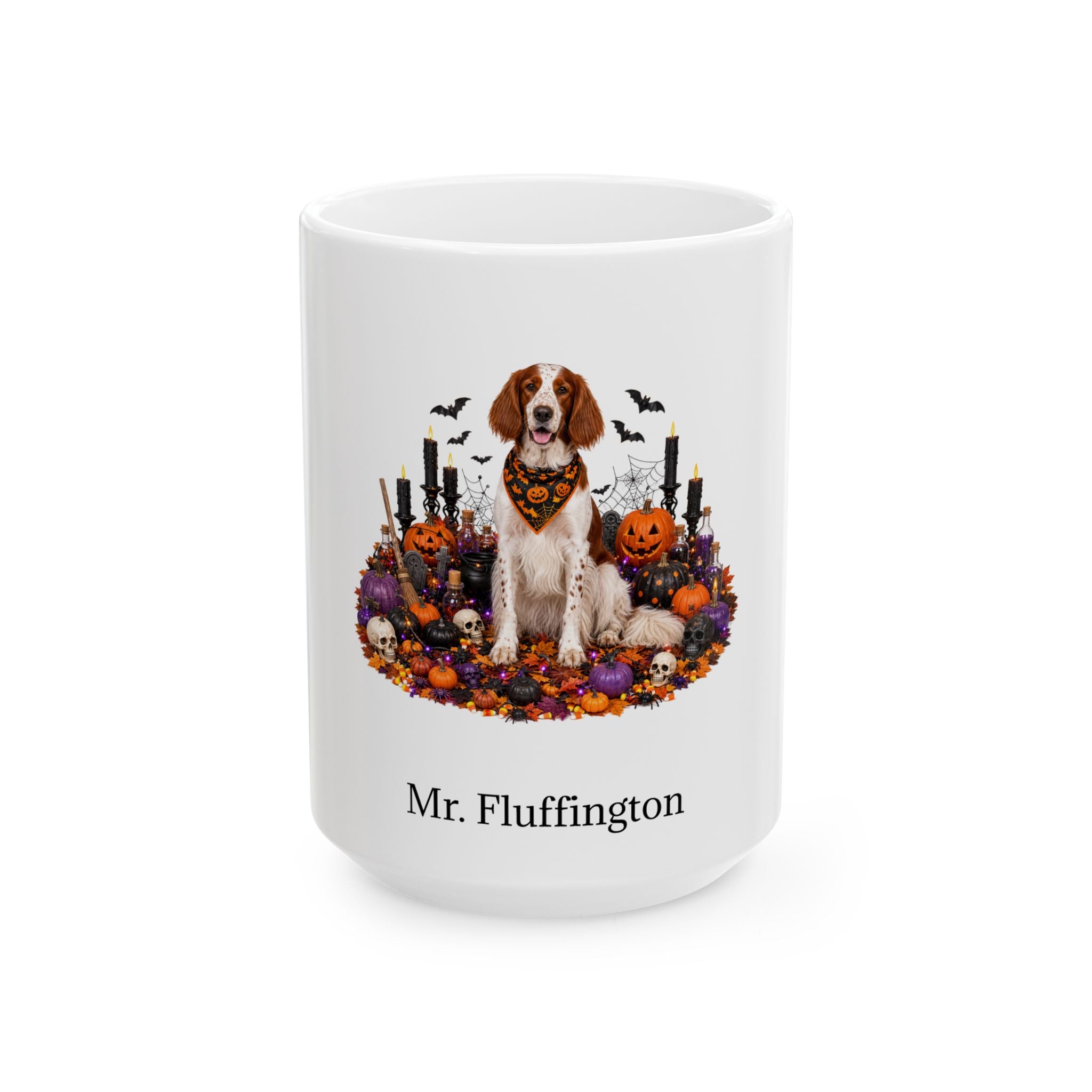 Personalized Irish Red and White Setter dog Halloween mug, 11oz white ceramic, with custom pet name on front