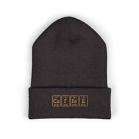 A dark grey cuffed beanie with "COFFEE" embroidered in periodic table style.