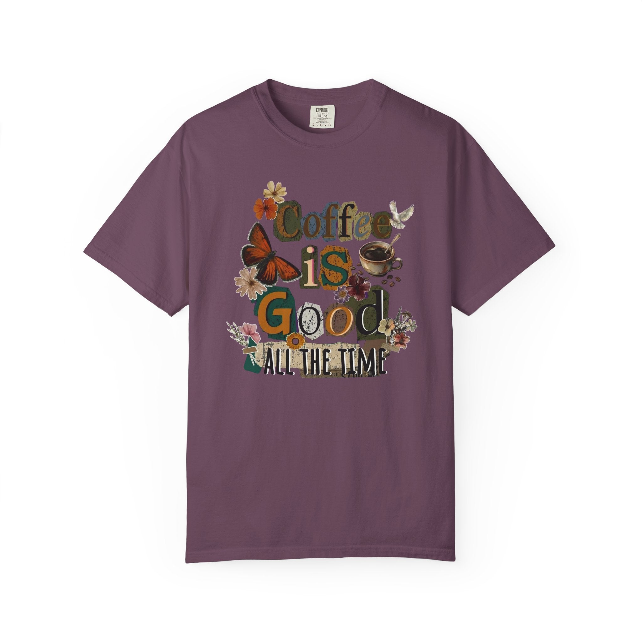 A plum-colored cotton t-shirt featuring a vintage-style floral coffee graphic on the front.