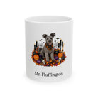 Personalized Pumi dog Halloween mug, 11oz white ceramic, with custom pet name on front