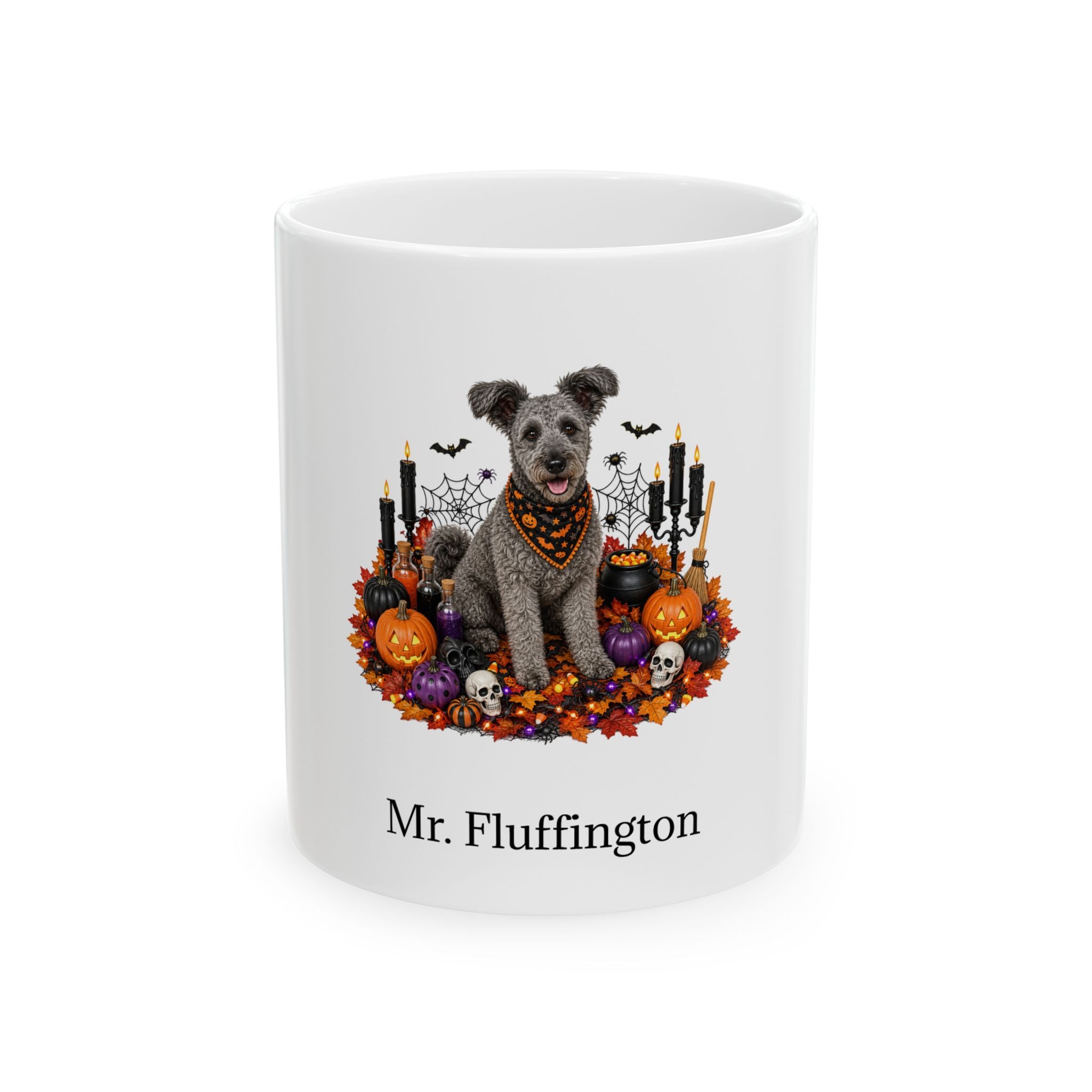 Personalized Pumi dog Halloween mug, 11oz white ceramic, with custom pet name on front