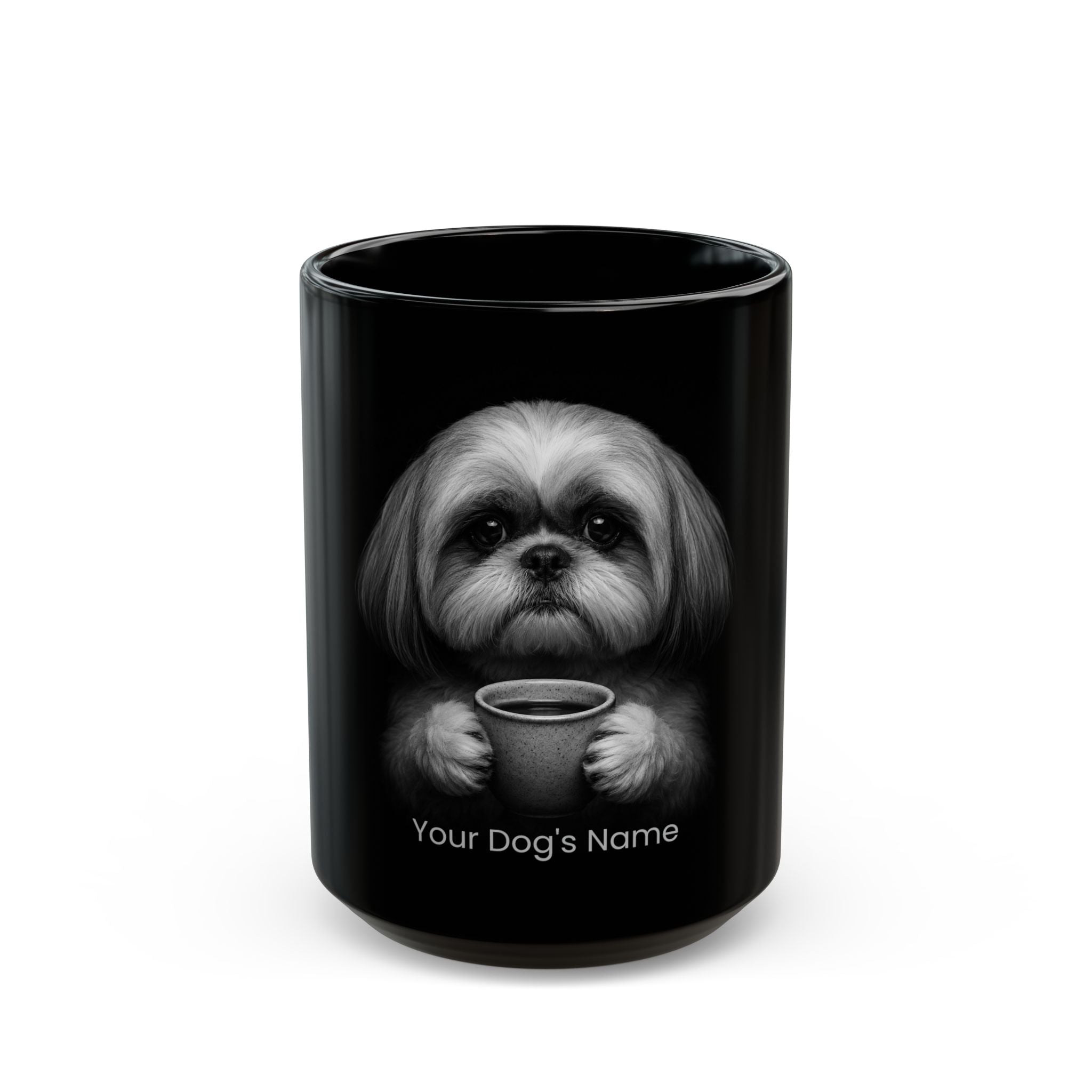 Personalized Shih Tzu black ceramic coffee mug with custom dog name