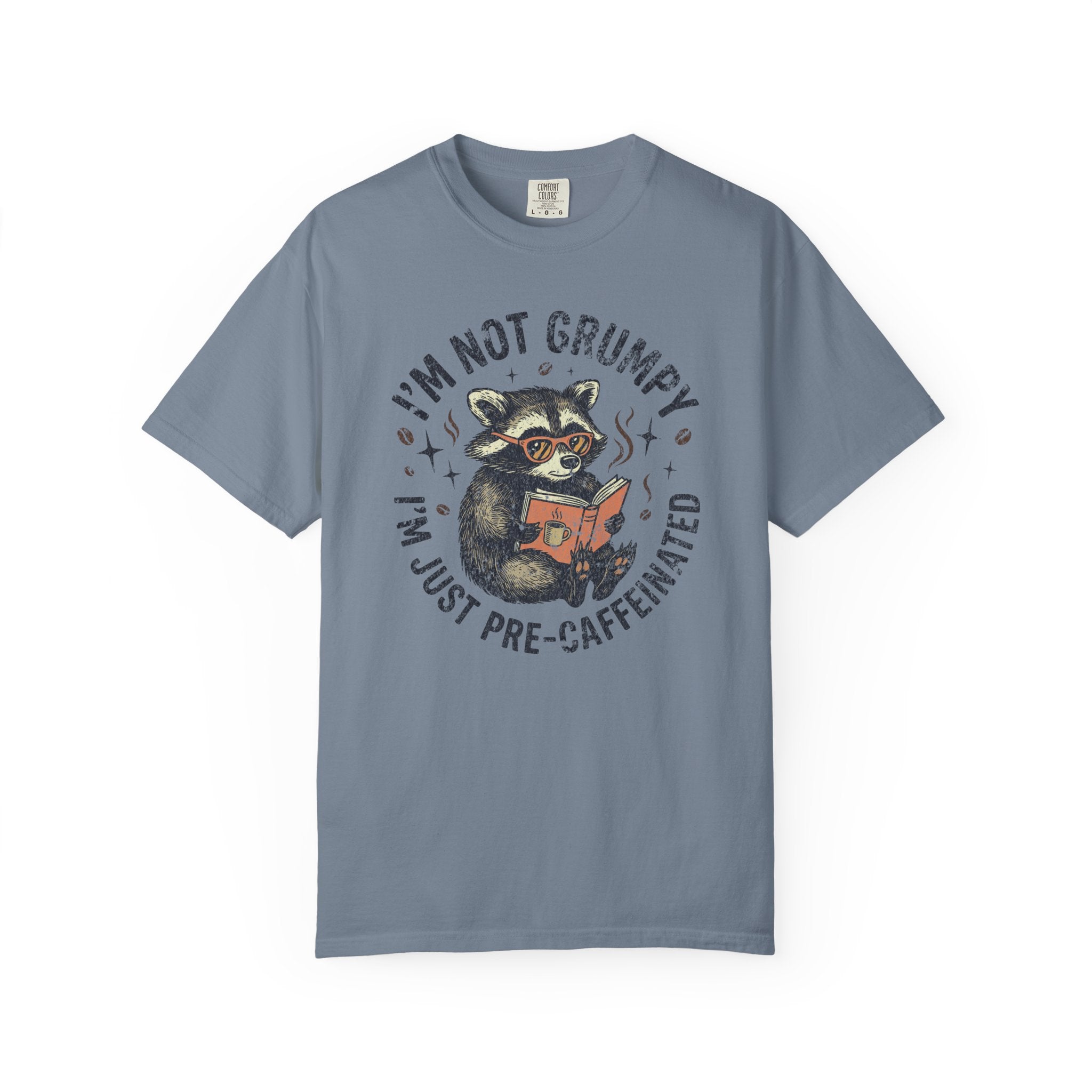 Blue unisex t-shirt featuring a graphic of a raccoon wearing glasses and reading a book.
