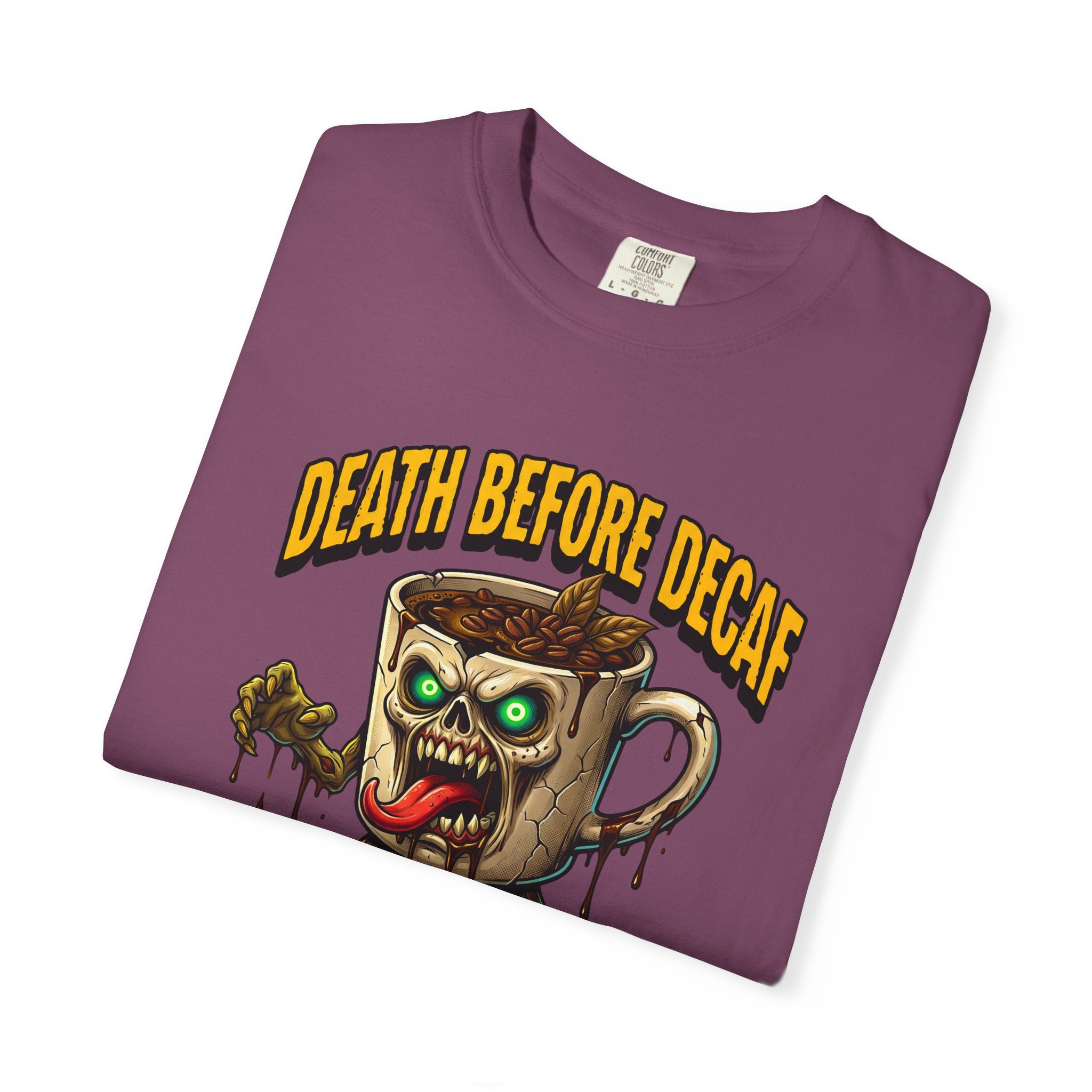 Purple unisex cotton t-shirt featuring a graphic of a zombie coffee mug with the text Death Before Decaf.