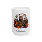 Personalized American Wirehair cat Halloween mug, 15oz white ceramic, with custom pet name on front