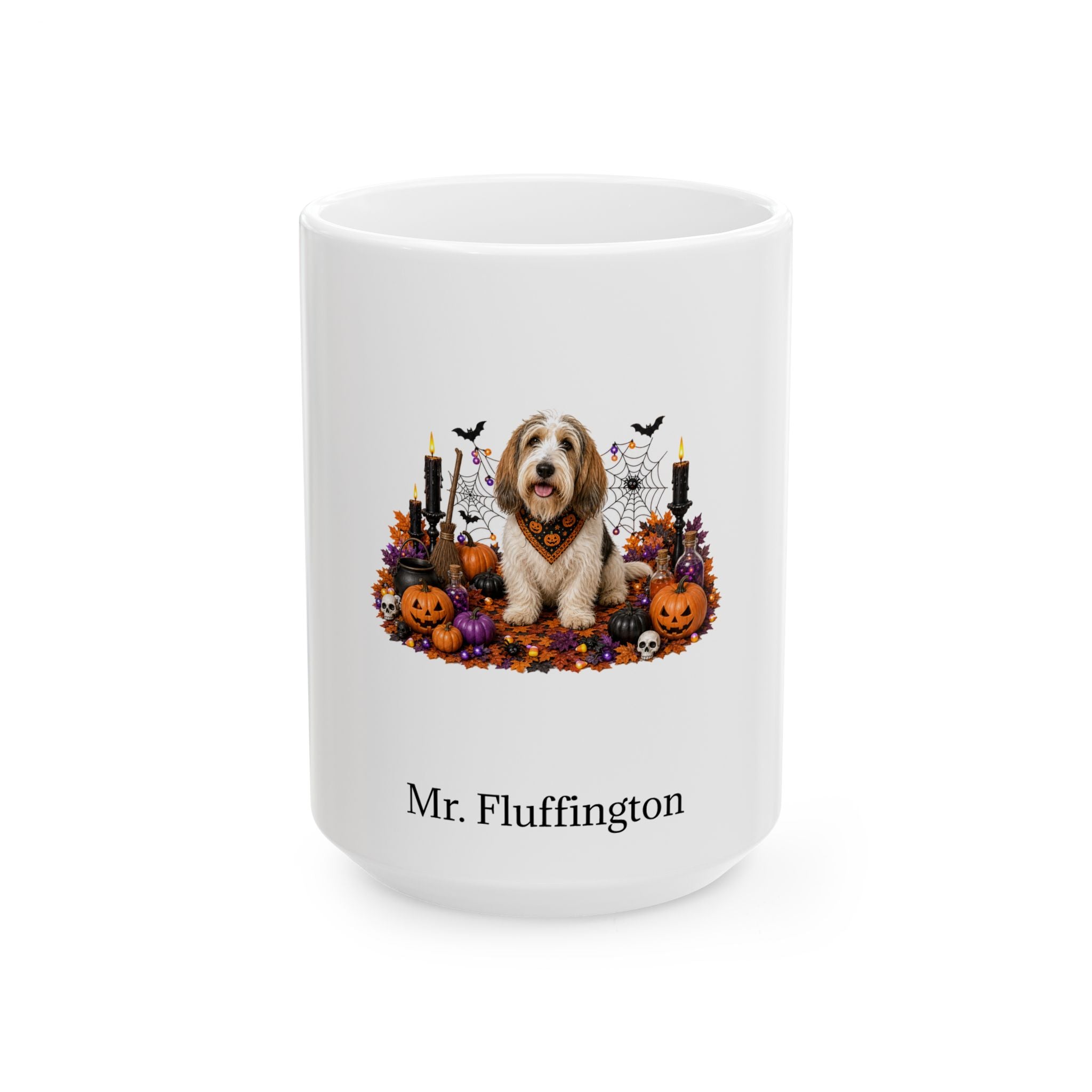 Personalized Petit Basset Griffon Vendeen dog Halloween mug, 11oz white ceramic, with custom pet name on front