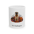 Personalized Mastiff dog Halloween mug, 11oz white ceramic, with custom pet name on front