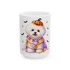 Personalized Bichon Frise Hund dog Halloween mug, 11oz white ceramic, with custom pet name on front
