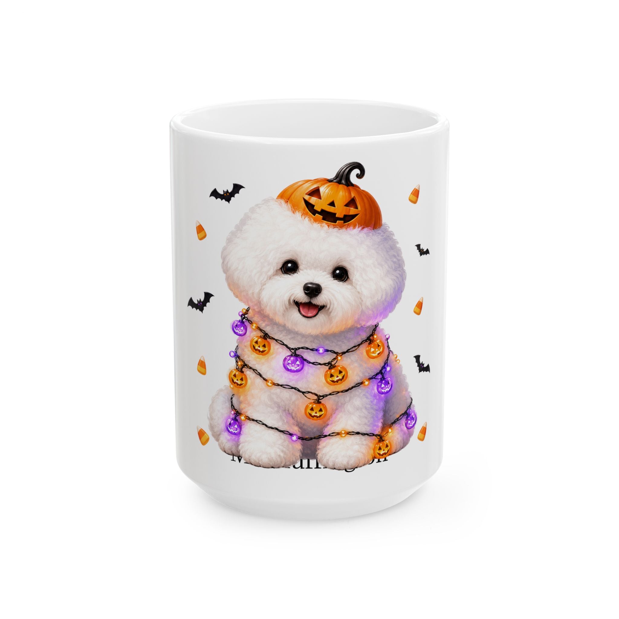 Personalized Bichon Frise Hund dog Halloween mug, 11oz white ceramic, with custom pet name on front