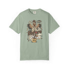 Sage green unisex cotton t-shirt featuring a distressed graphic of a rooster drinking coffee.