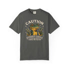 Charcoal t-shirt with a graphic of a frog making peace signs and the text Caution No Filter.