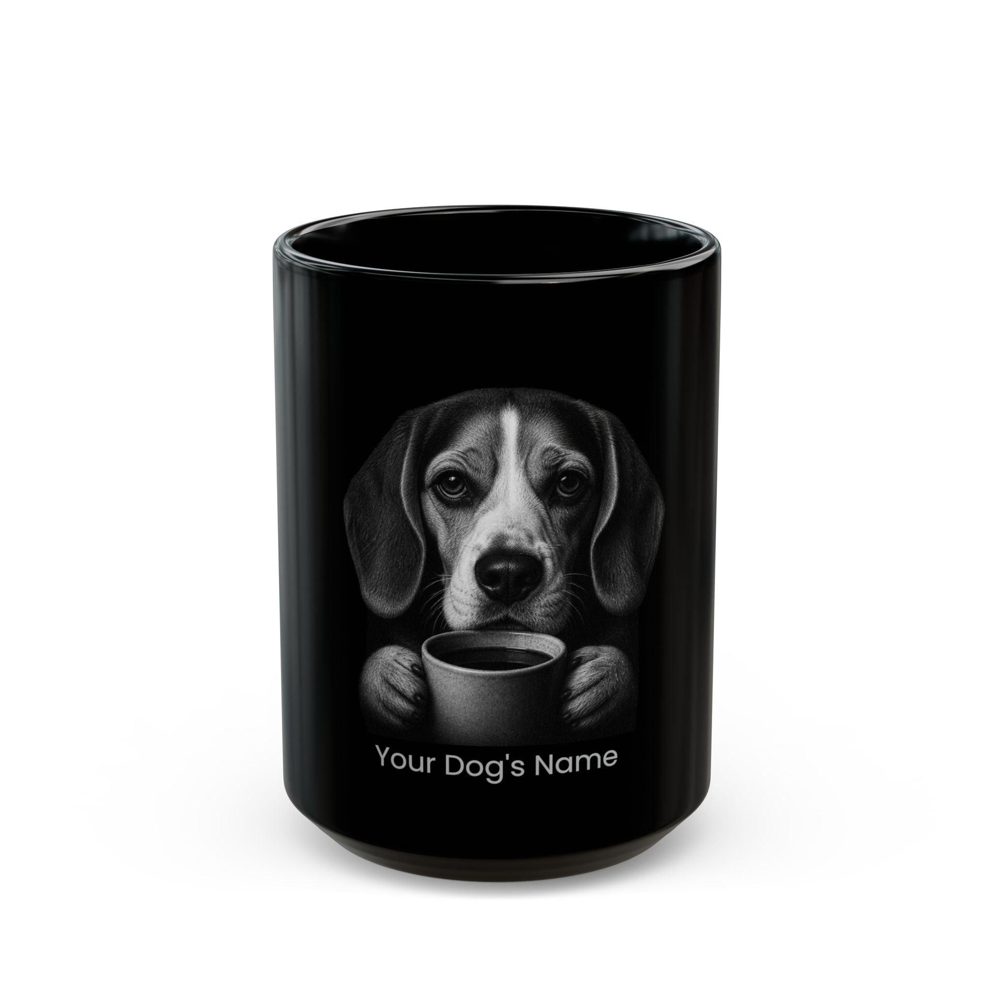 Personalized Beagle black ceramic coffee mug with custom dog name