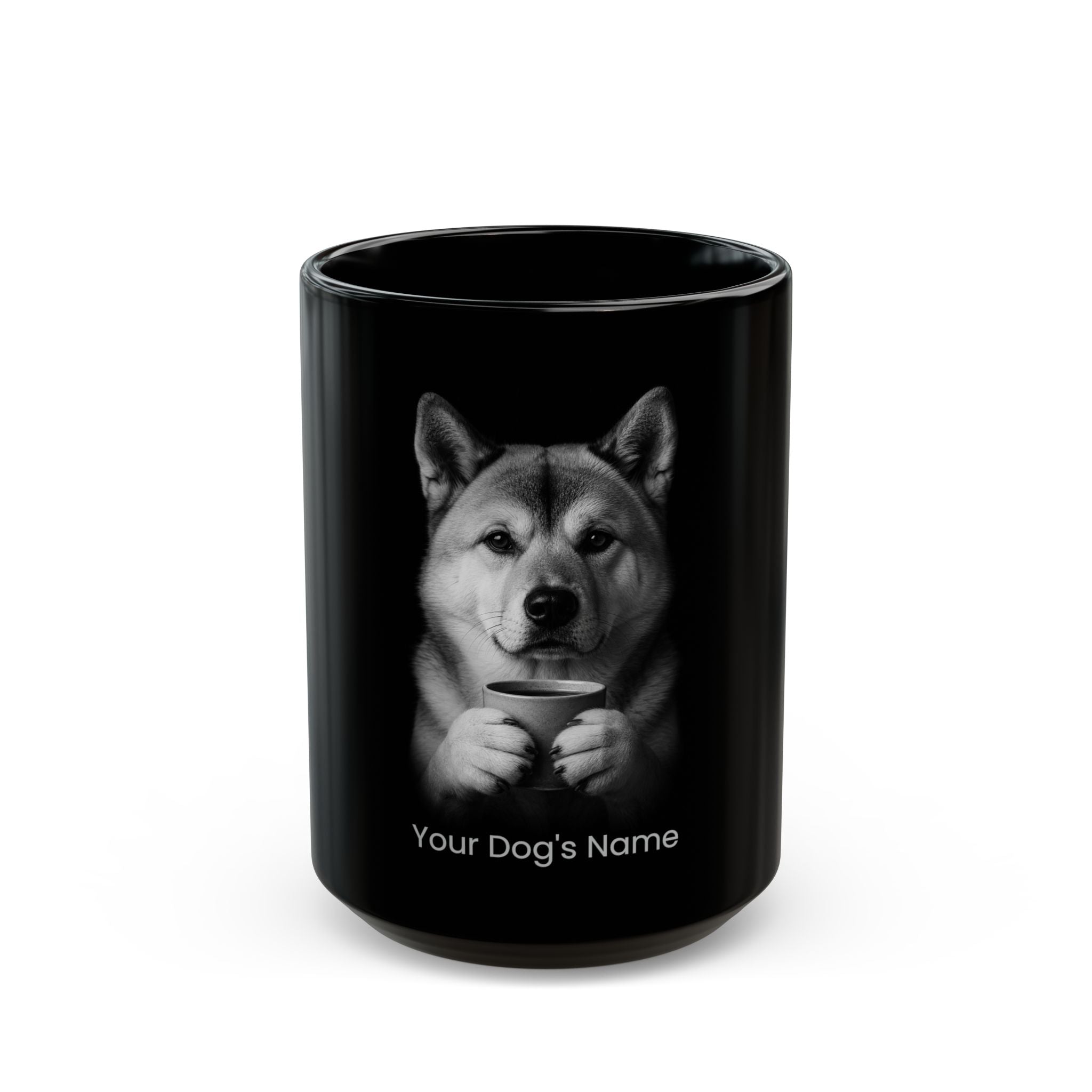 Personalized Akita Inu black ceramic coffee mug with custom dog name