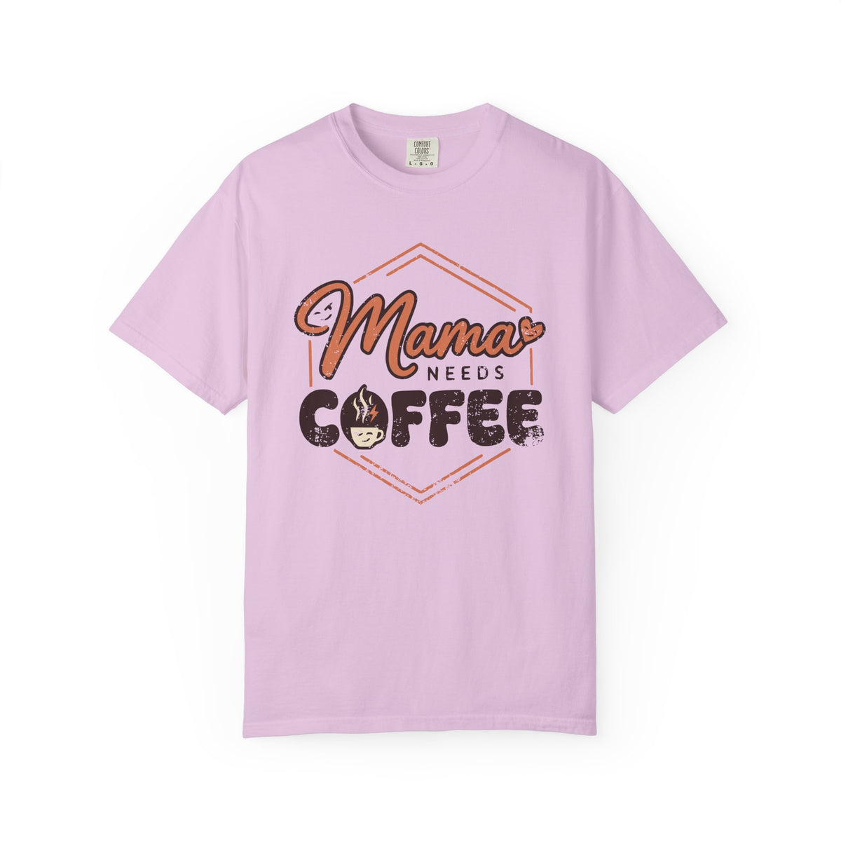 Front view of Orchid Comfort Colors T-shirt with distressed Mama Needs Coffee artwork.