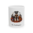 Personalized Miniature Schnauzer dog Halloween mug, 11oz white ceramic, with custom pet name on front