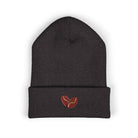 Dark gray cuffed beanie with embroidered coffee beans on the cuff.