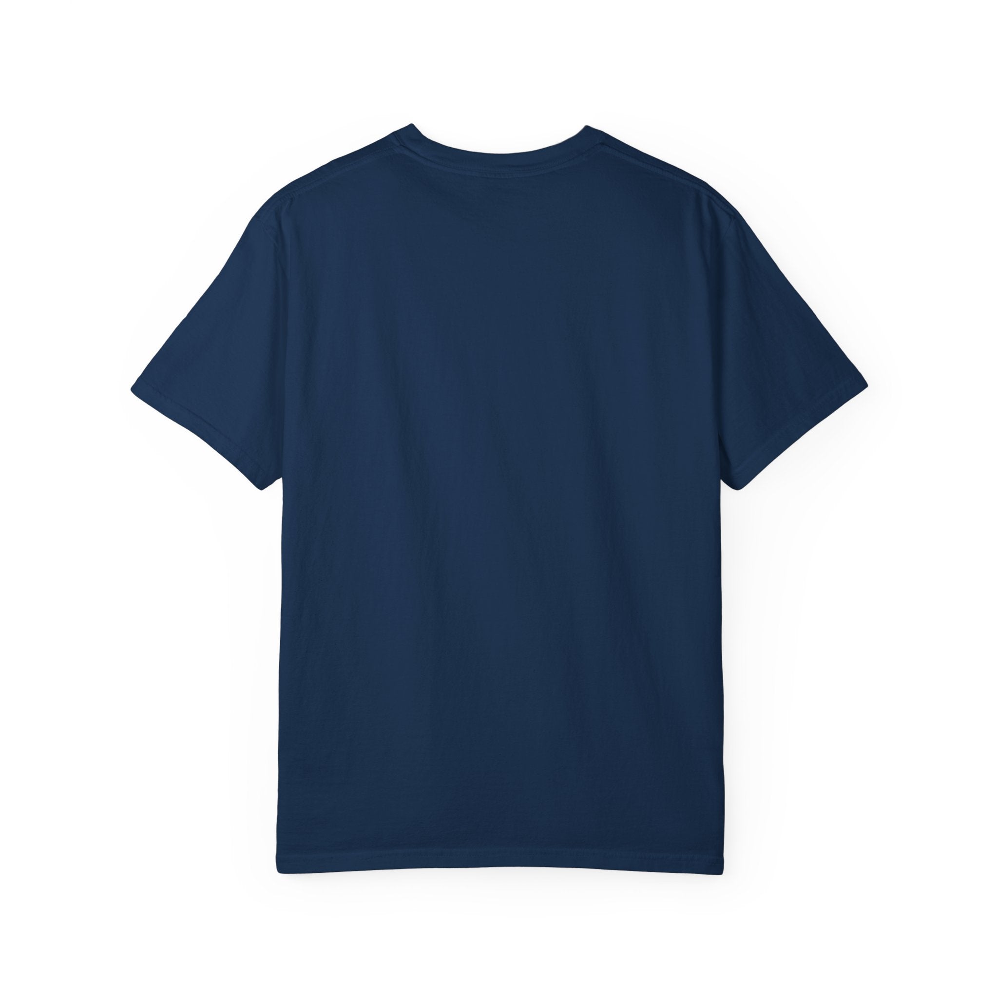 A plain navy blue short-sleeved heavyweight cotton t-shirt shown from the back.