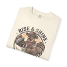 Cream-colored cotton t-shirt featuring a vintage graphic of a cowboy rooster pouring coffee.