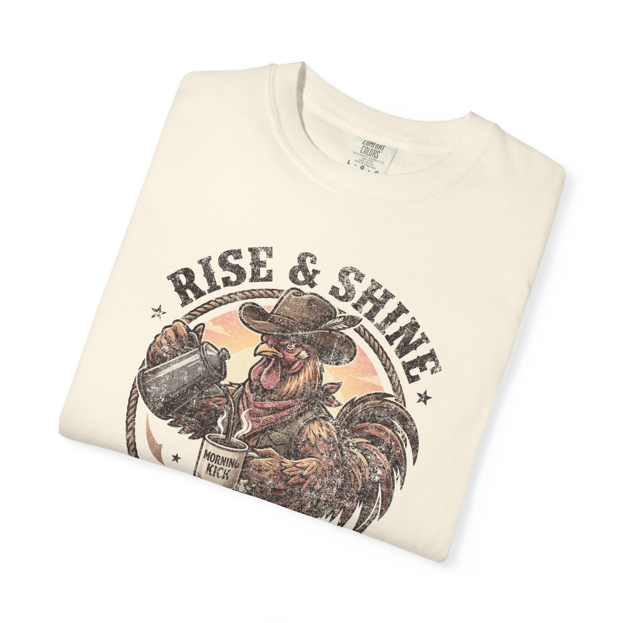 Cream-colored cotton t-shirt featuring a vintage graphic of a cowboy rooster pouring coffee.
