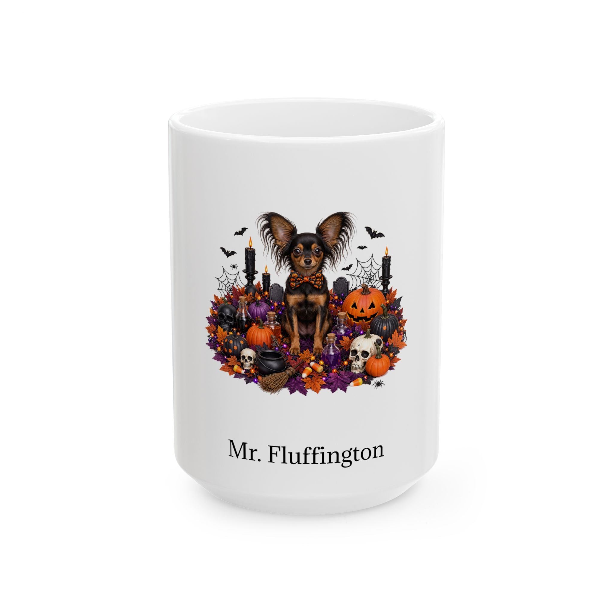 Personalized Russian Toy dog Halloween mug, 15oz white ceramic, with custom pet name on front