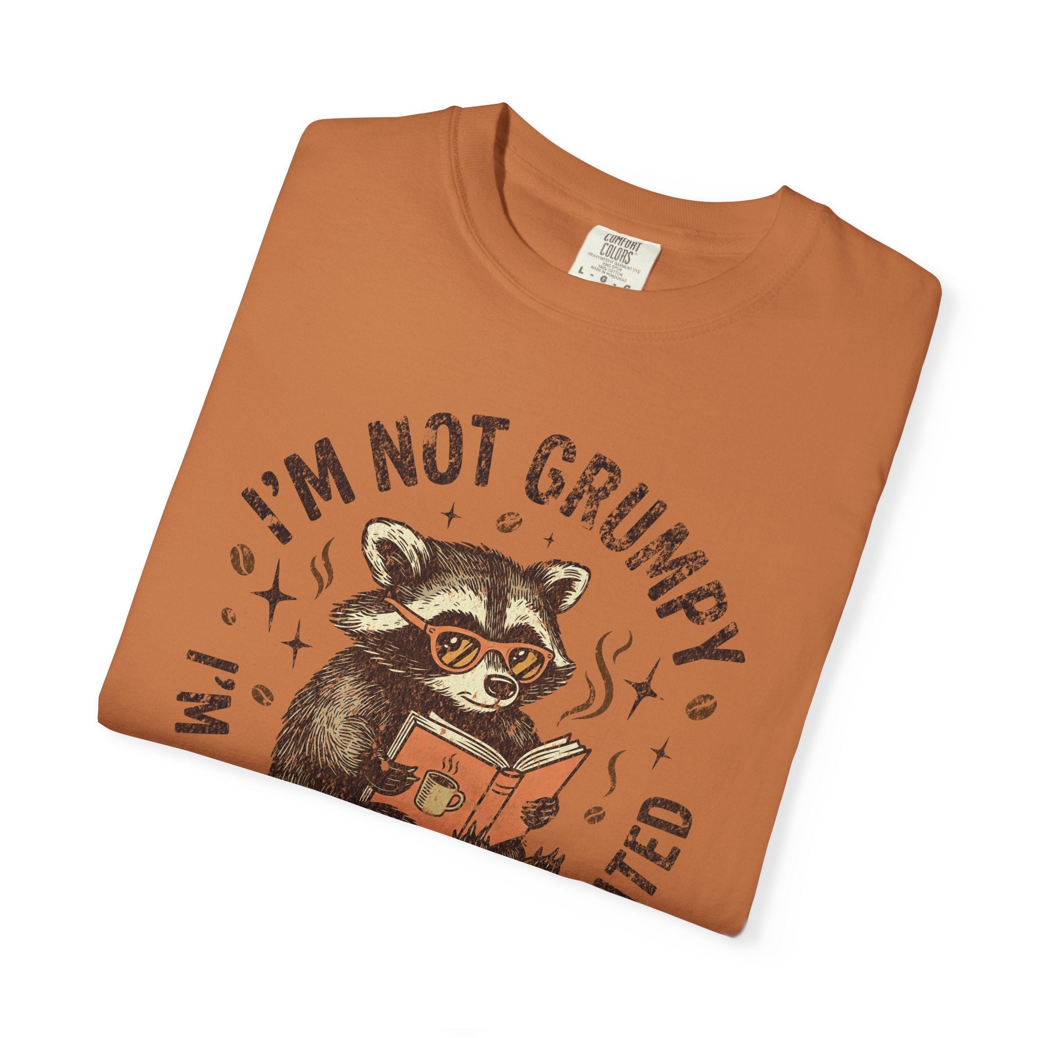 Orange unisex t-shirt featuring a graphic of a raccoon reading a book while wearing sunglasses.