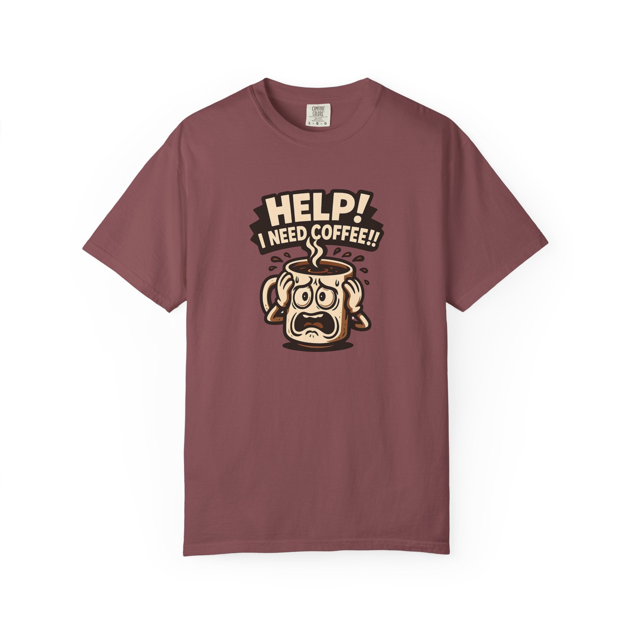 A maroon oversized cotton t-shirt featuring a graphic of a panicked coffee mug.