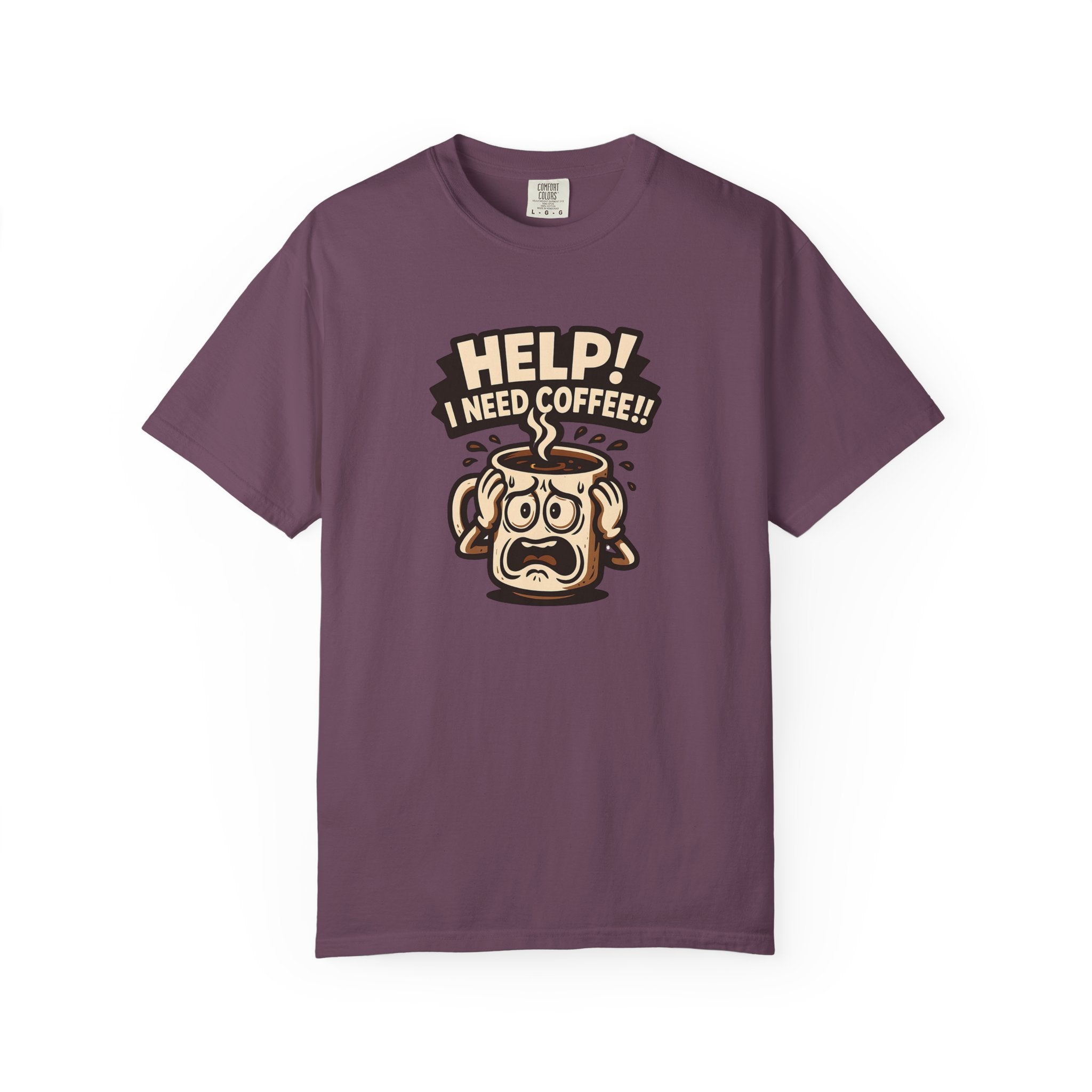 A plum-colored oversized cotton t-shirt featuring a graphic of a stressed coffee mug.
