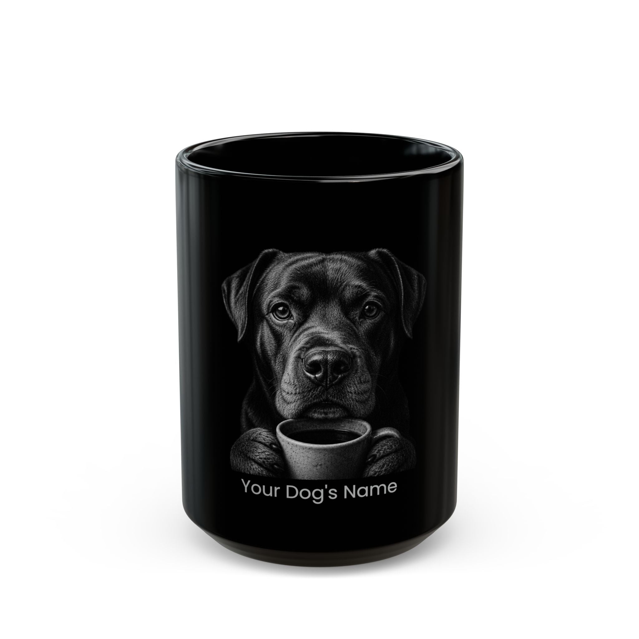 Personalized Borador black ceramic coffee mug with custom dog name