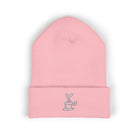Embroidered coffee cup cuffed beanie in pink.