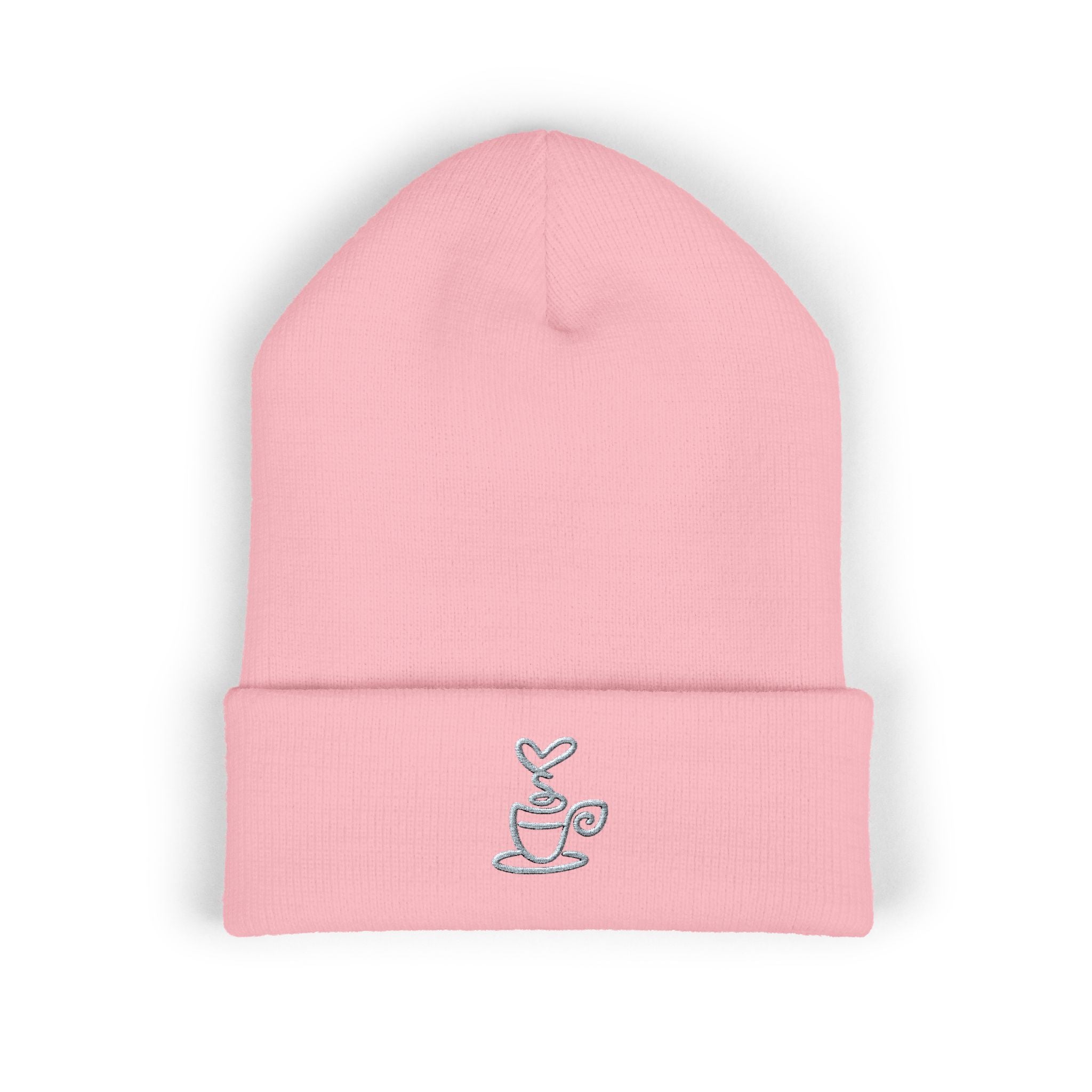 Embroidered coffee cup cuffed beanie in pink.