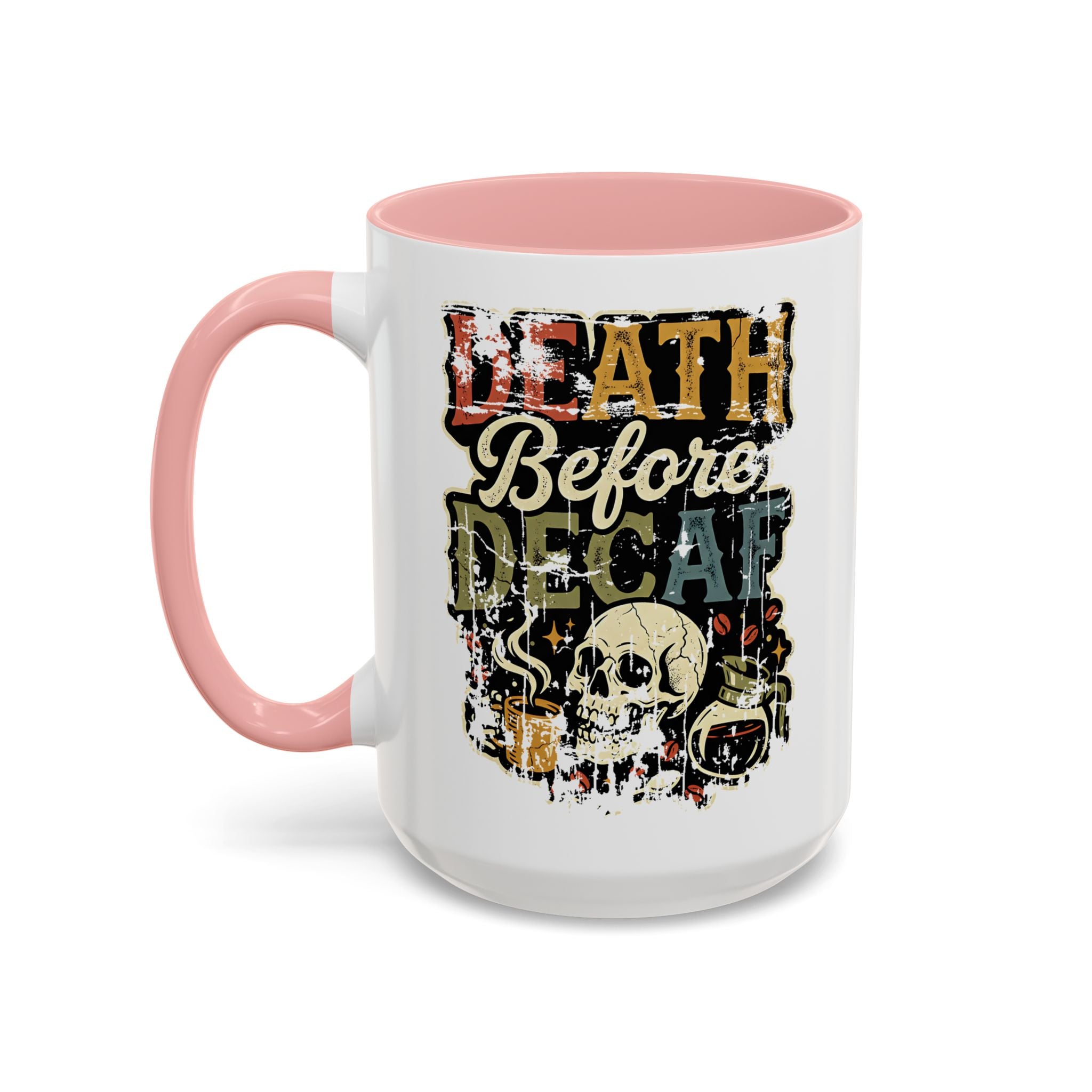 A white ceramic coffee mug with a pink handle and rim, featuring a retro skull and coffee design.