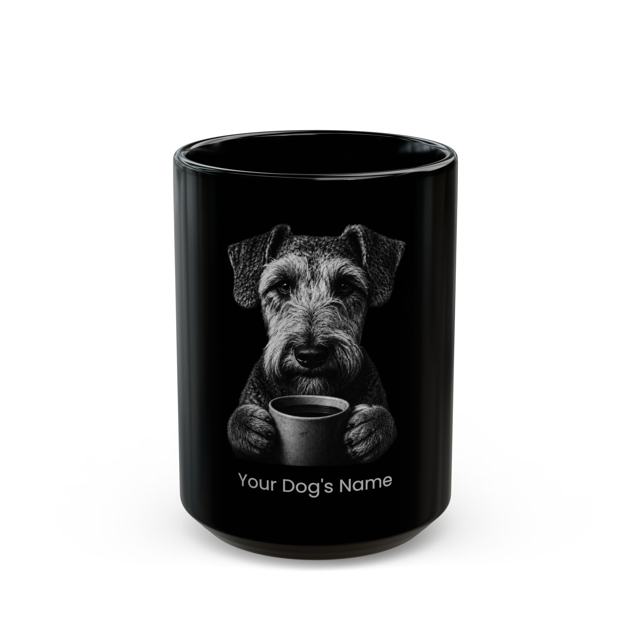 Personalized Airedale Terrier black ceramic coffee mug with custom dog name
