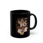 Black ceramic coffee mug featuring a cartoon rooster graphic with the text Before Coffee.