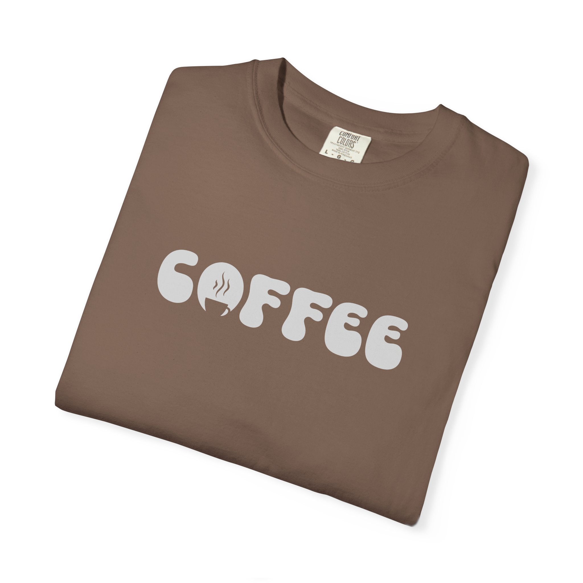A brown, short-sleeved cotton t-shirt featuring the word COFFEE in a white retro bubble font.