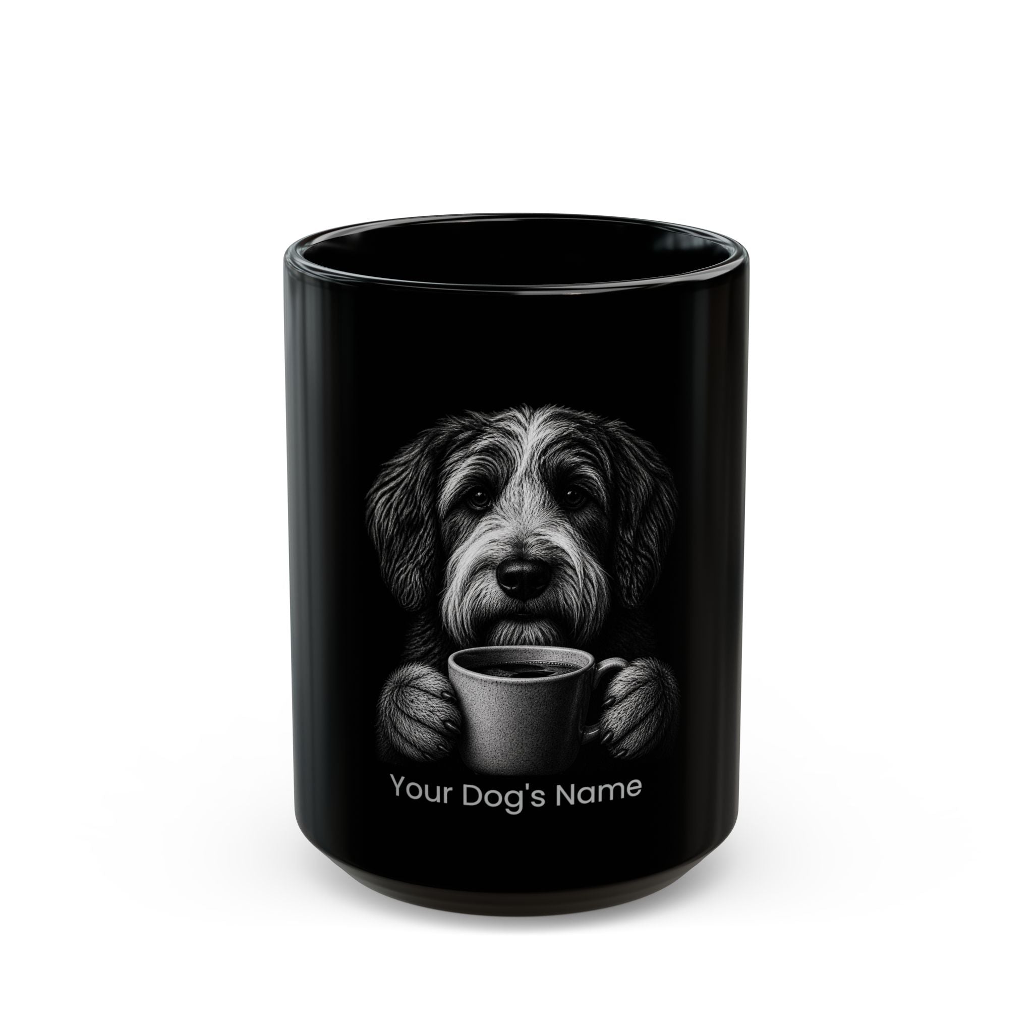 Personalized Polish Lowland Sheepdog black ceramic coffee mug with custom dog name