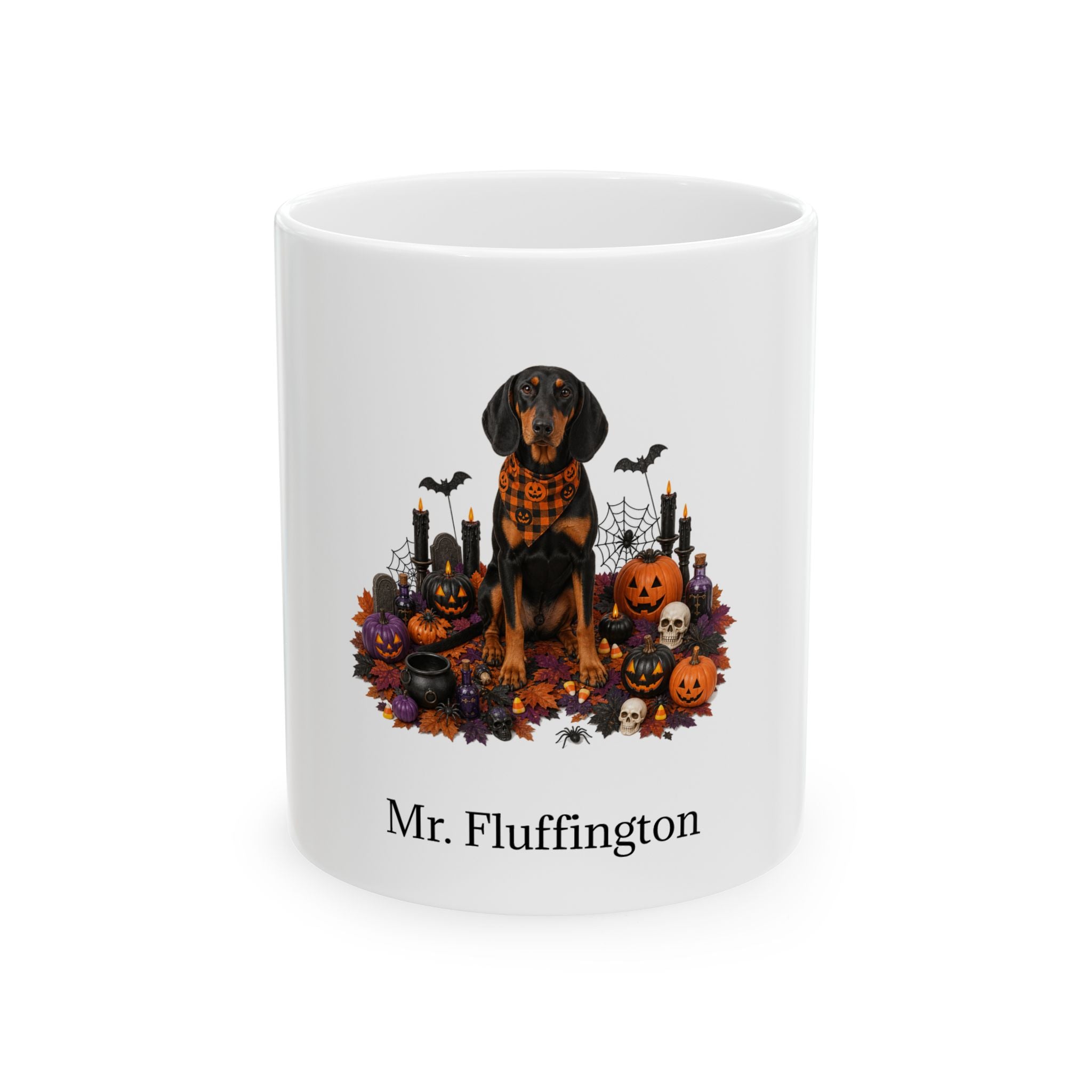 Personalized Austrian Black and Tan Hound dog Halloween mug, 15oz white ceramic, with custom pet name on front