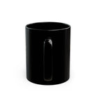 A plain black ceramic coffee mug with an ergonomic handle, shown from the side view.