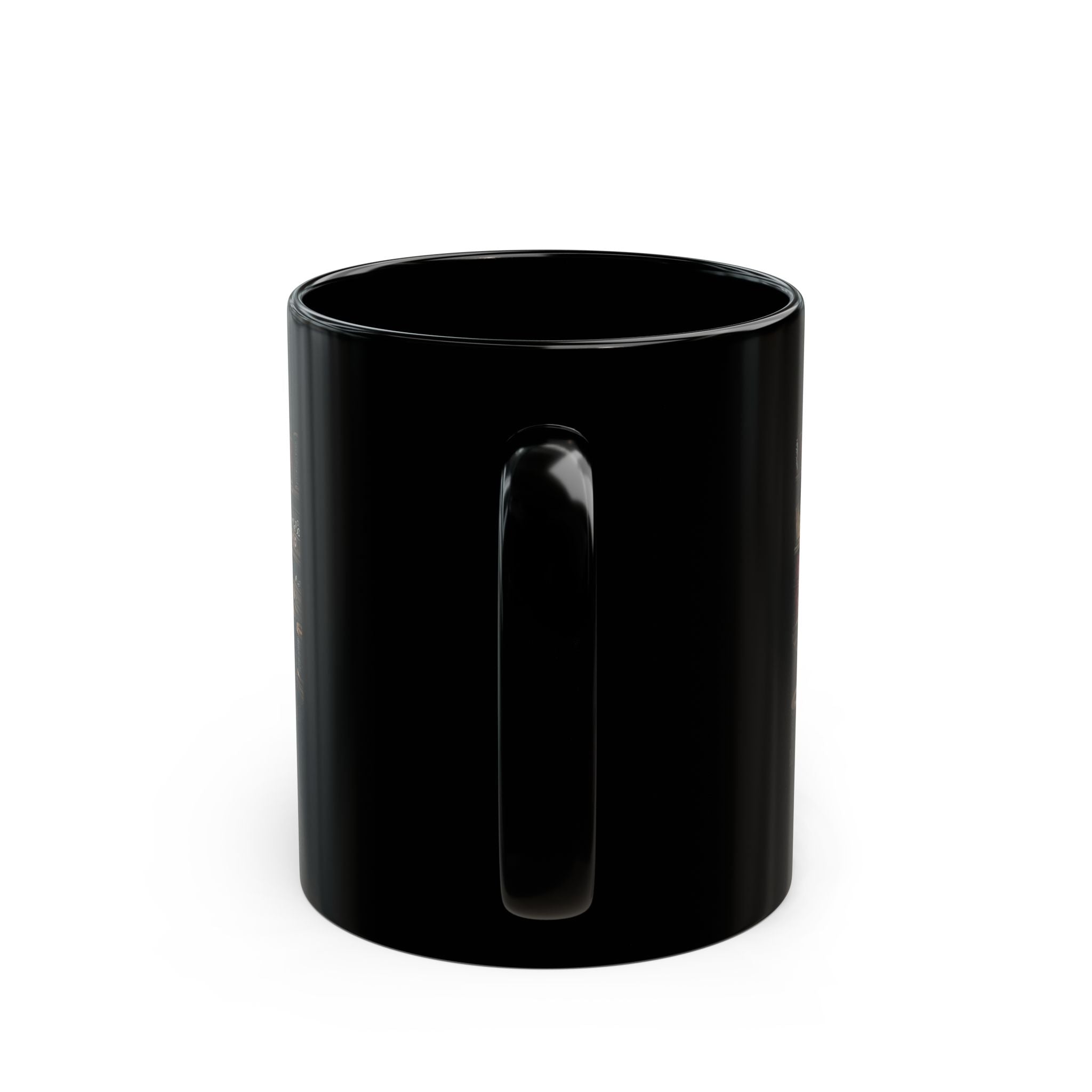 A plain black ceramic coffee mug with an ergonomic handle, shown from the side view.