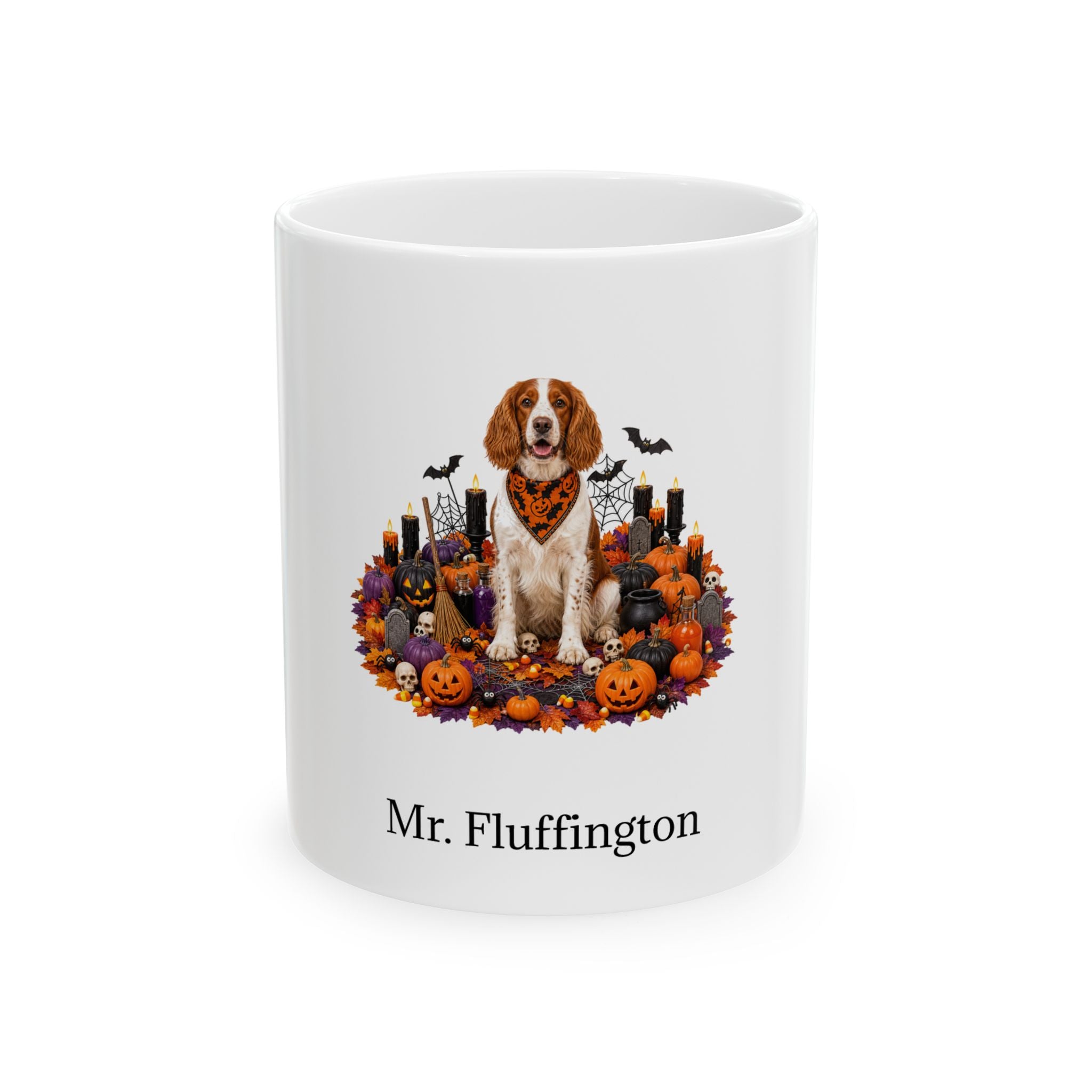 Personalized Welsh Springer Spaniel dog Halloween mug, 15oz white ceramic, with custom pet name on front