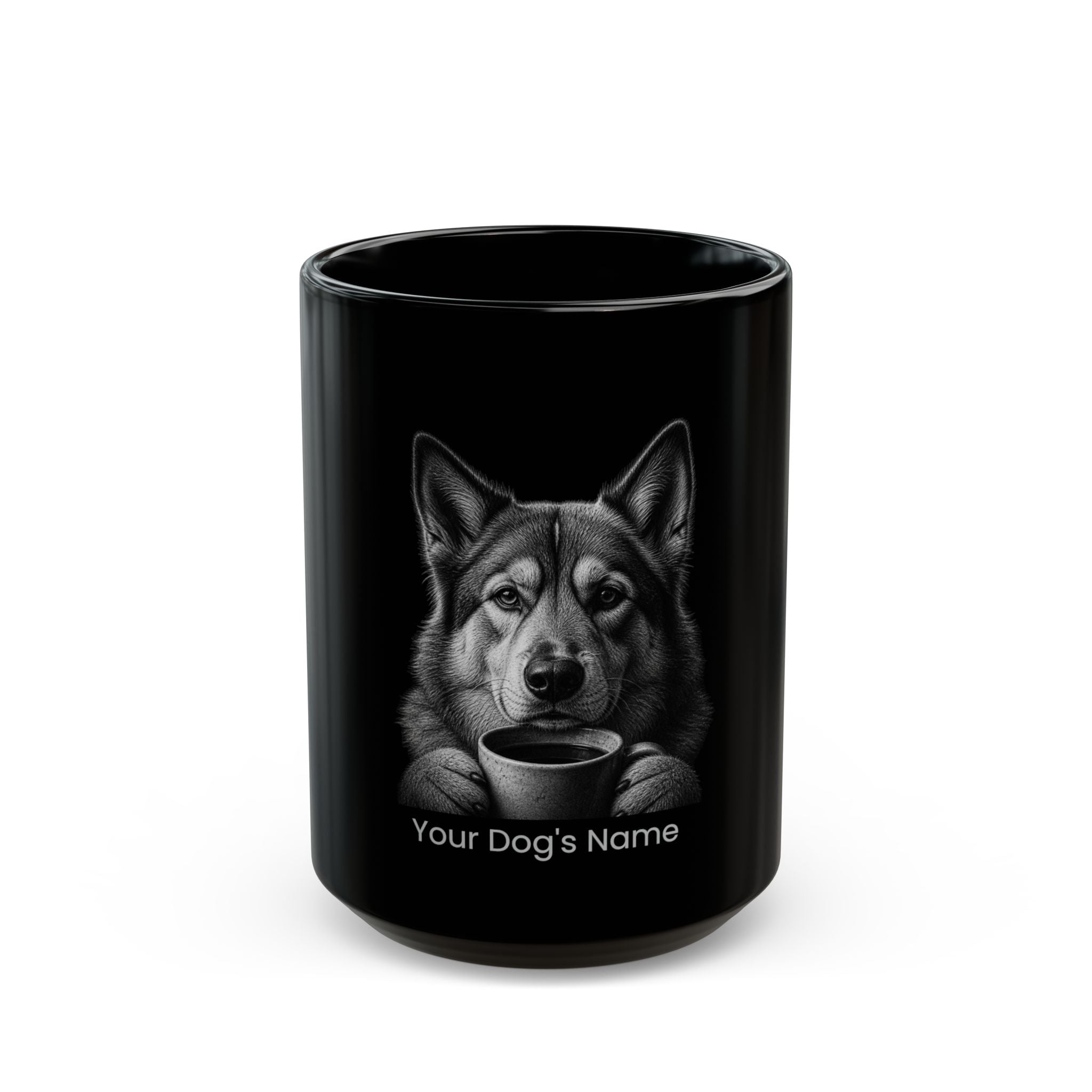 Personalized Chinook black ceramic coffee mug with custom dog name