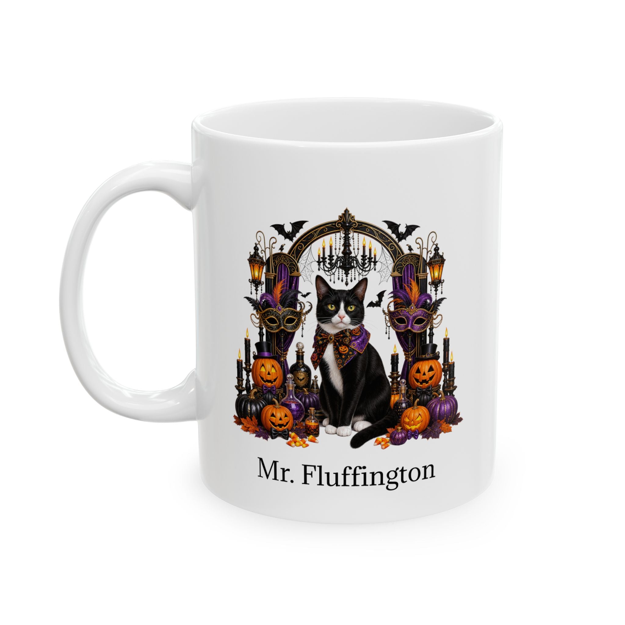 Personalized Tuxedo Cat Halloween Mug – Custom Pet Name Gift