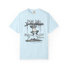 Light blue unisex cotton t-shirt featuring a distressed graphic of a frog hanging over a gator.