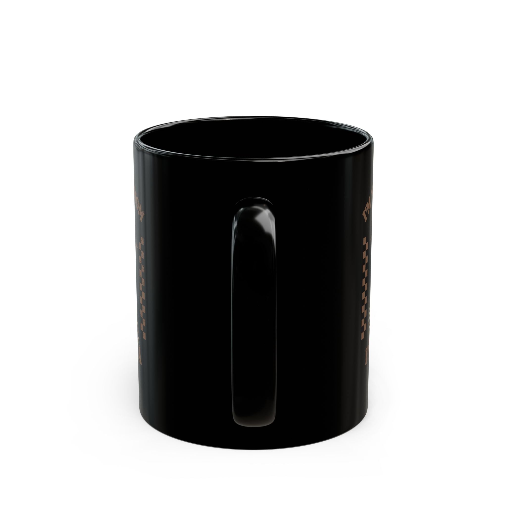 A black ceramic coffee mug with a retro pin-up design, viewed from the handle side.