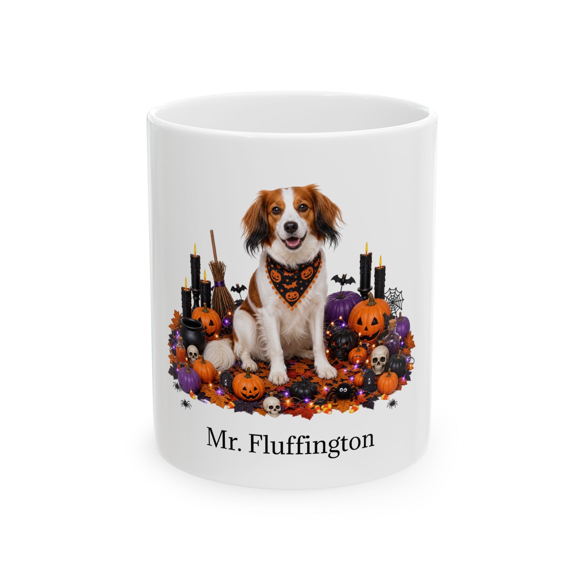 Personalized Kooikerhondje Halloween mug with custom dog name, front product view