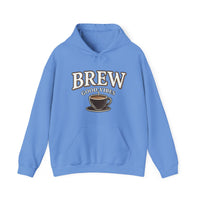A light blue hoodie with "BREW GOOD VIBES" text and a coffee cup graphic.