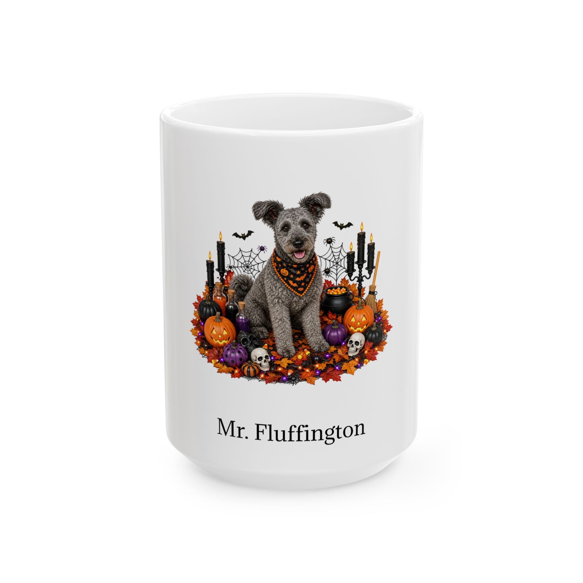 Personalized Pumi dog Halloween mug, 15oz white ceramic, with custom pet name on front