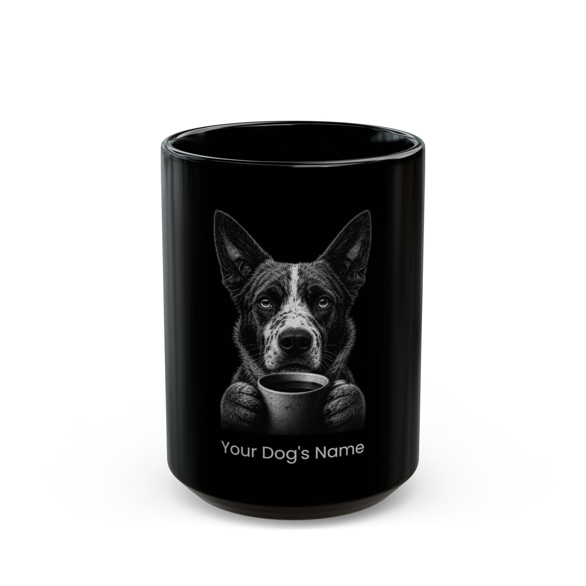 Personalized Australian Cattle Dog black ceramic coffee mug with custom dog name