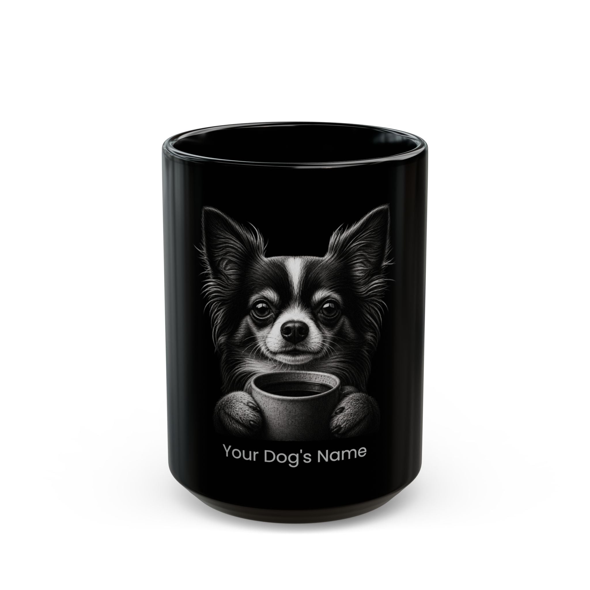 Personalized Long Coat Chihuahua black ceramic coffee mug with custom dog name